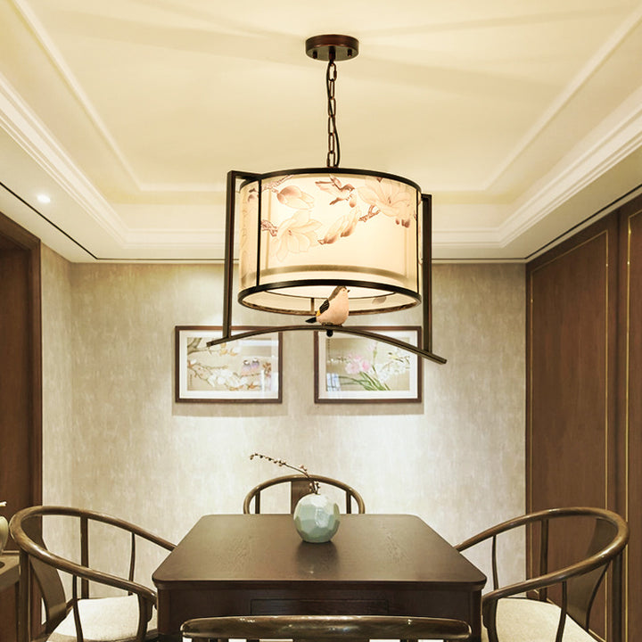 Traditional Chinese Flower Pattern Bird Fabric Lampshade Iron 3 - Light Chandelier For Dining Room