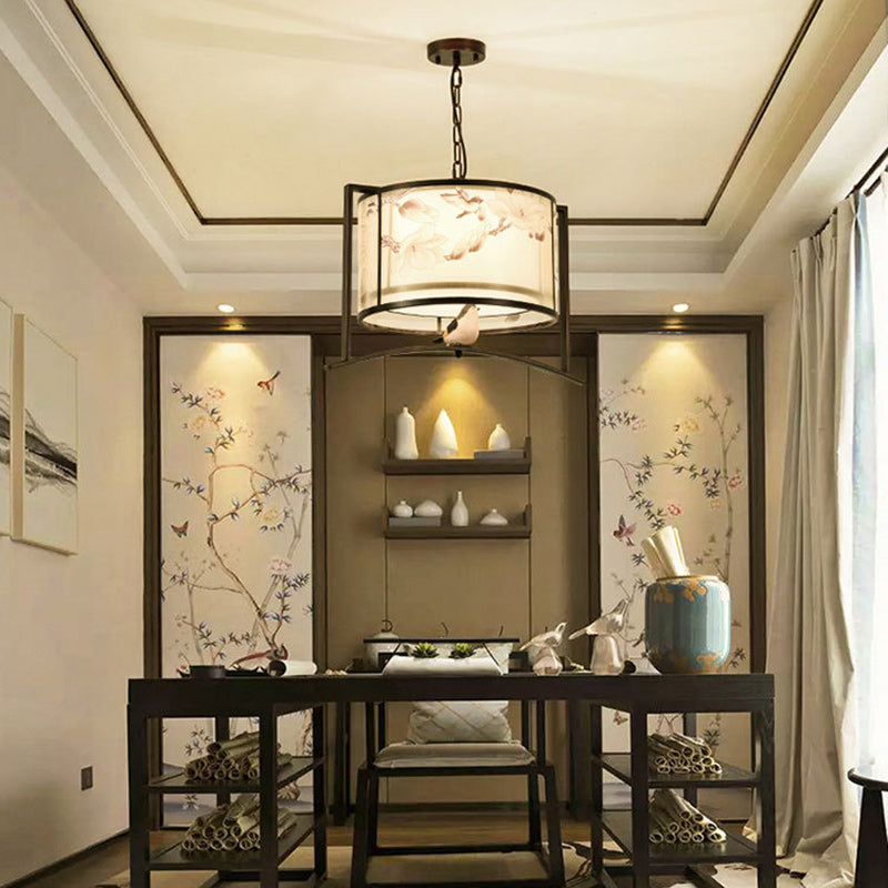 Traditional Chinese Flower Pattern Bird Fabric Lampshade Iron 3 - Light Chandelier For Dining Room