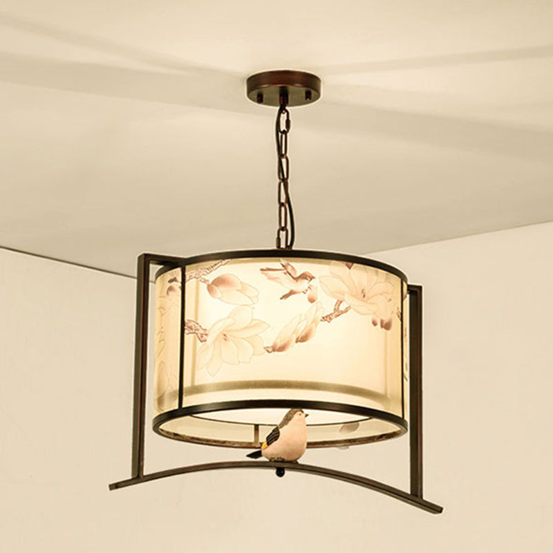 Traditional Chinese Flower Pattern Bird Fabric Lampshade Iron 3 - Light Chandelier For Dining Room