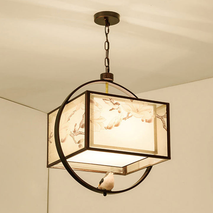 Traditional Chinese Flower Pattern Bird Fabric Lampshade Iron 3 - Light Chandelier For Dining Room