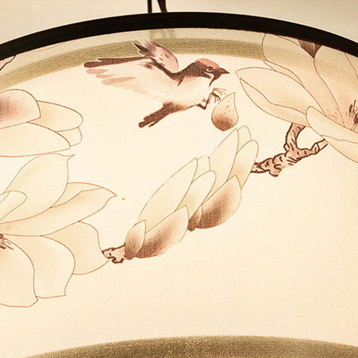 Traditional Chinese Flower Pattern Bird Fabric Lampshade Iron 3 - Light Chandelier For Dining Room