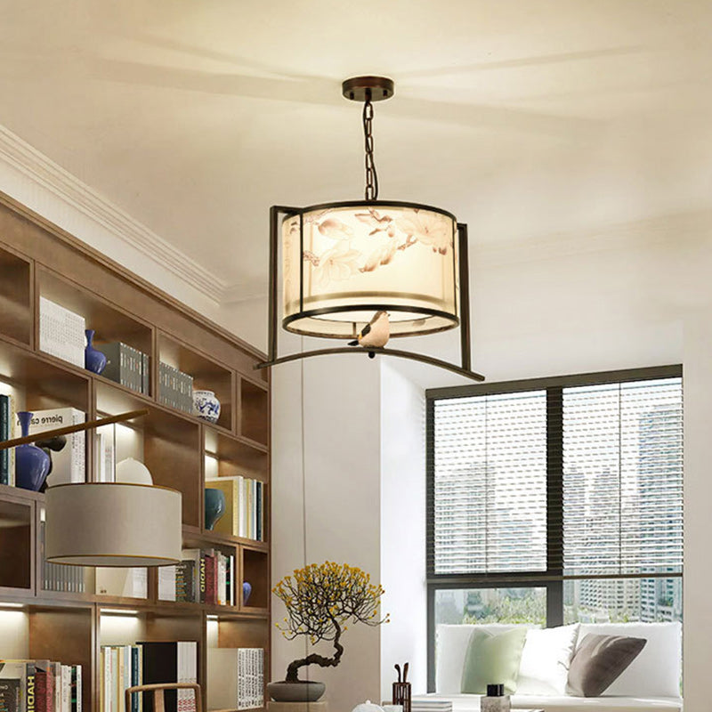 Traditional Chinese Flower Pattern Bird Fabric Lampshade Iron 3 - Light Chandelier For Dining Room