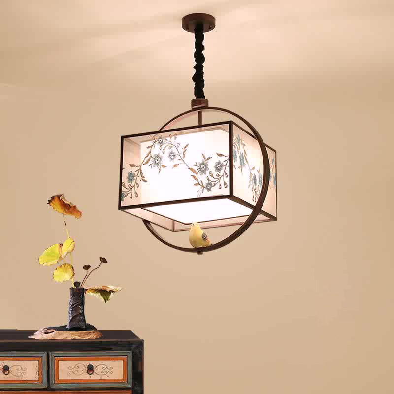 Traditional Chinese Flower Pattern Bird Fabric Lampshade Iron 3 - Light Chandelier For Dining Room