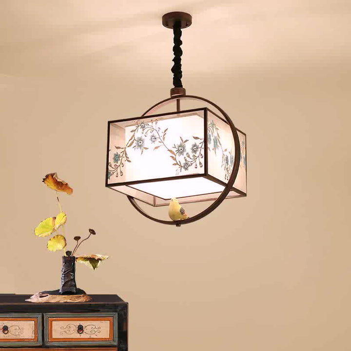Traditional Chinese Flower Pattern Bird Fabric Lampshade Iron 3 - Light Chandelier For Dining Room