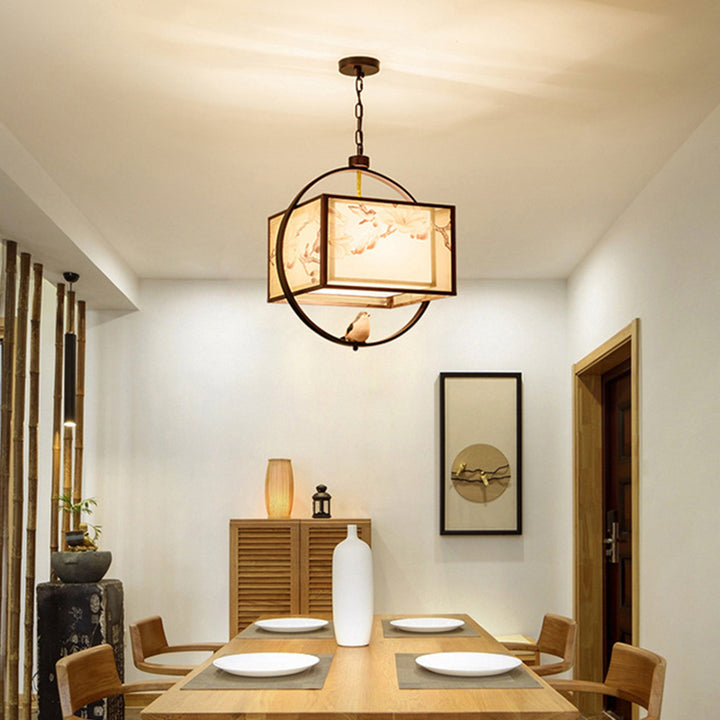 Traditional Chinese Flower Pattern Bird Fabric Lampshade Iron 3 - Light Chandelier For Dining Room