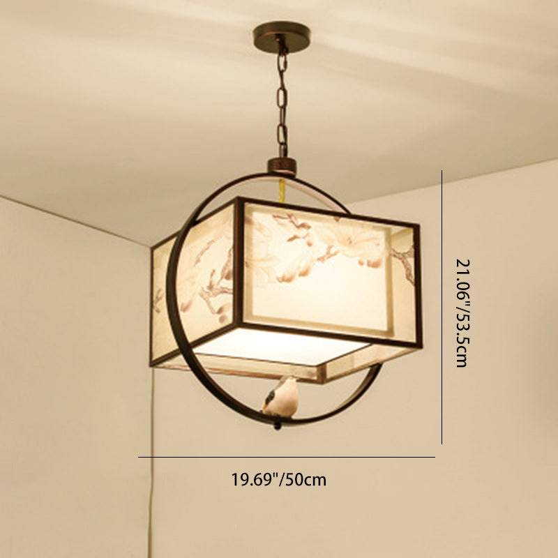Traditional Chinese Flower Pattern Bird Fabric Lampshade Iron 3 - Light Chandelier For Dining Room