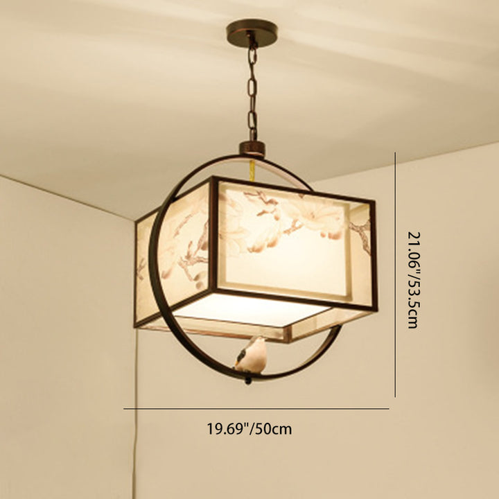 Traditional Chinese Flower Pattern Bird Fabric Lampshade Iron 3 - Light Chandelier For Dining Room