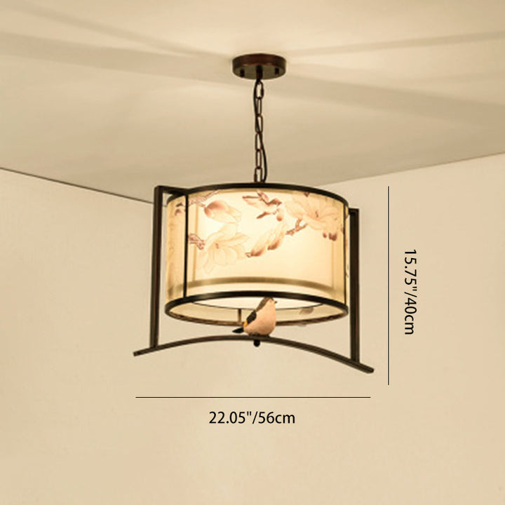 Traditional Chinese Flower Pattern Bird Fabric Lampshade Iron 3 - Light Chandelier For Dining Room