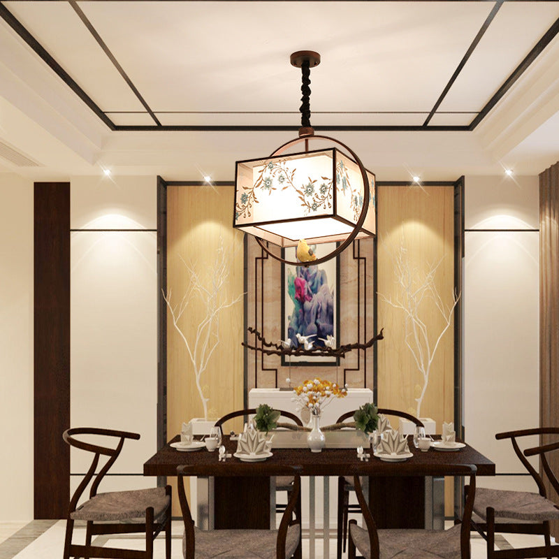 Traditional Chinese Flower Pattern Bird Fabric Lampshade Iron 3 - Light Chandelier For Dining Room
