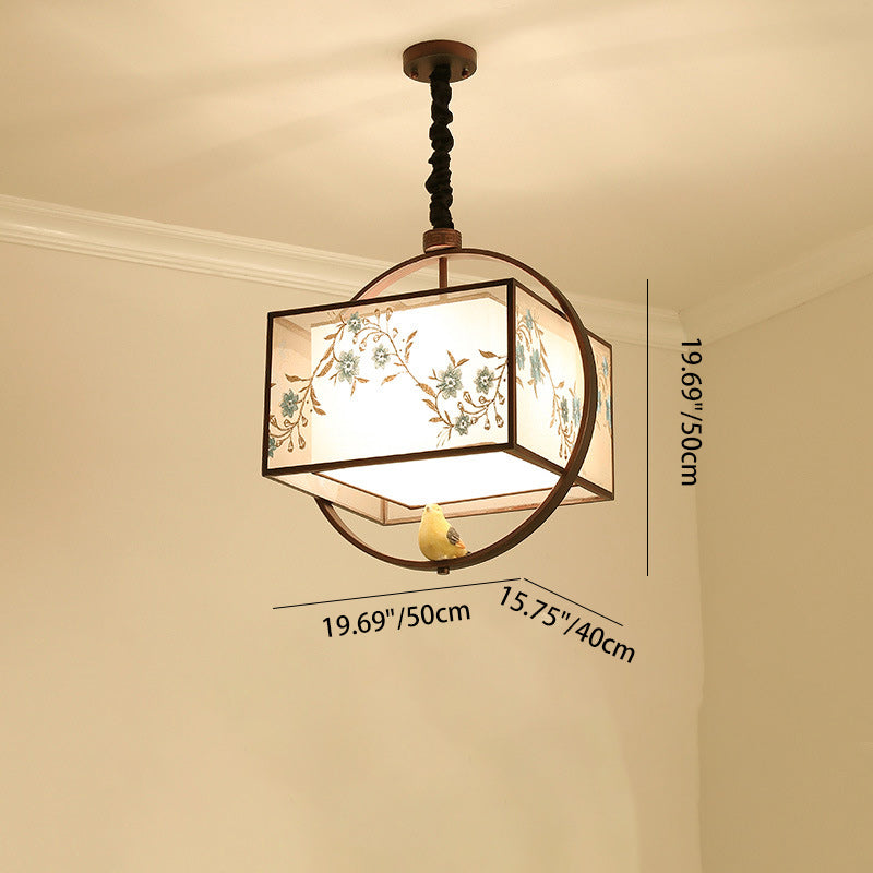Traditional Chinese Flower Pattern Bird Fabric Lampshade Iron 3 - Light Chandelier For Dining Room