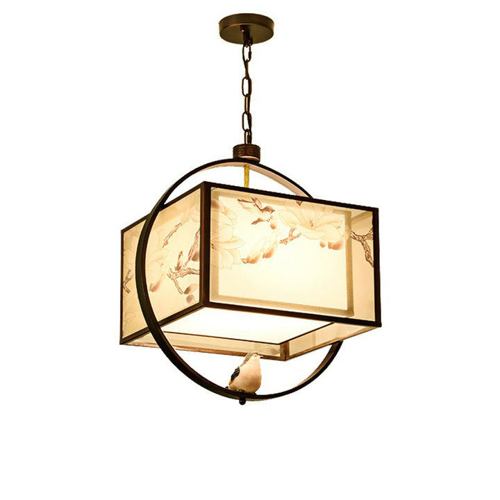 Traditional Chinese Flower Pattern Bird Fabric Lampshade Iron 3 - Light Chandelier For Dining Room