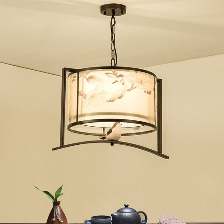 Traditional Chinese Flower Pattern Bird Fabric Lampshade Iron 3 - Light Chandelier For Dining Room