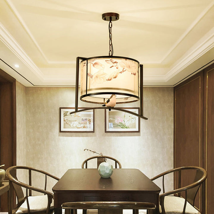 Traditional Chinese Flower Pattern Bird Fabric Lampshade Iron 3 - Light Chandelier For Dining Room