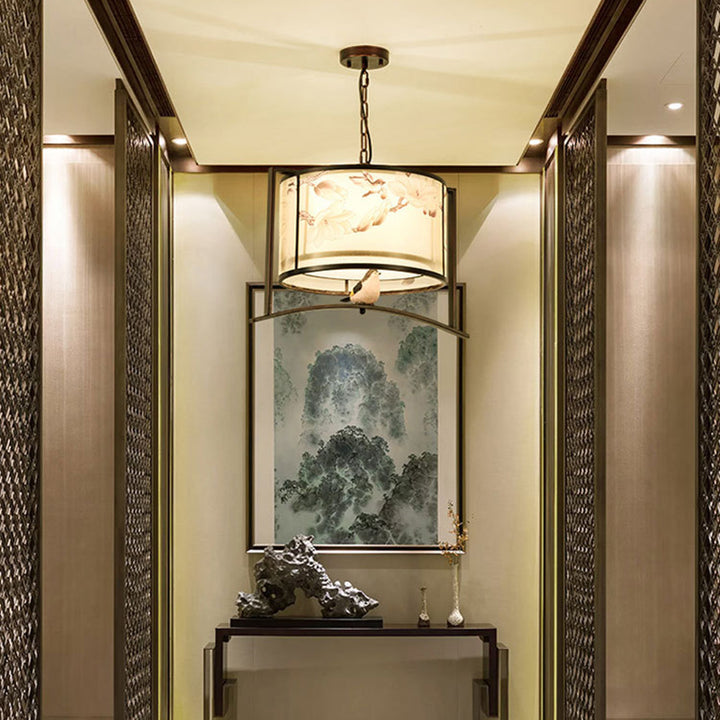 Traditional Chinese Flower Pattern Bird Fabric Lampshade Iron 3 - Light Chandelier For Dining Room