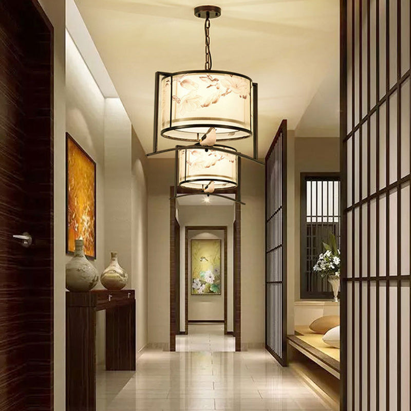 Traditional Chinese Flower Pattern Bird Fabric Lampshade Iron 3 - Light Chandelier For Dining Room