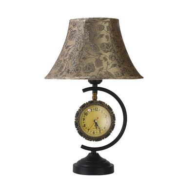 Pantalla de lámpara de tela con patrón de reloj europeo tradicional, base de hierro, lámpara de mesa de 1 luz para sala de estar 