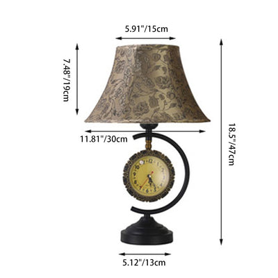 Pantalla de lámpara de tela con patrón de reloj europeo tradicional, base de hierro, lámpara de mesa de 1 luz para sala de estar 
