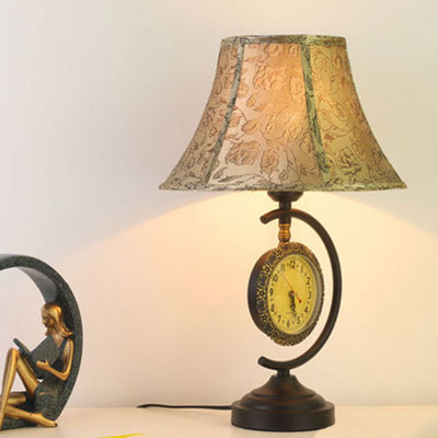 Pantalla de lámpara de tela con patrón de reloj europeo tradicional, base de hierro, lámpara de mesa de 1 luz para sala de estar 
