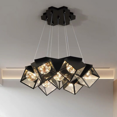 Modern Art Deco Baby's Breath Cube Sphere Iron Acrylic Lampshade LED Chandelier For Dining Room
