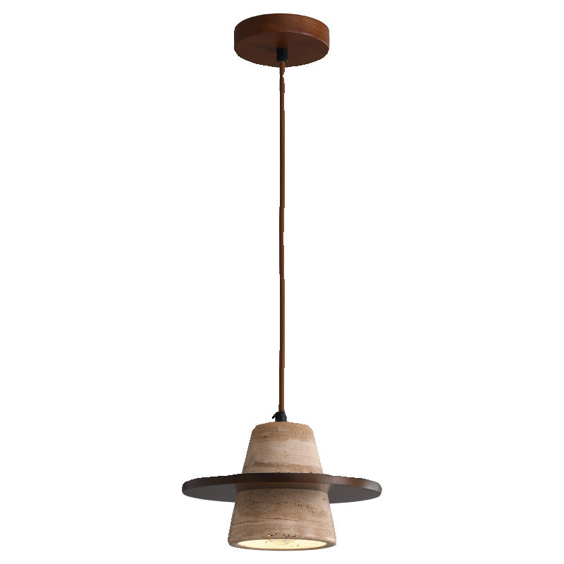 Traditional Japanese Dome Circle Trapezoid Yellow Travertine Rubber Wood Lampshade 1 - Light Pendant Light For Dining Room