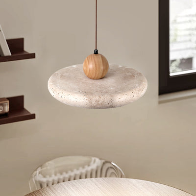 Traditional Japanese Dome Round Yellow Travertine Lampshade Wood LED Pendant Light For Dining Room