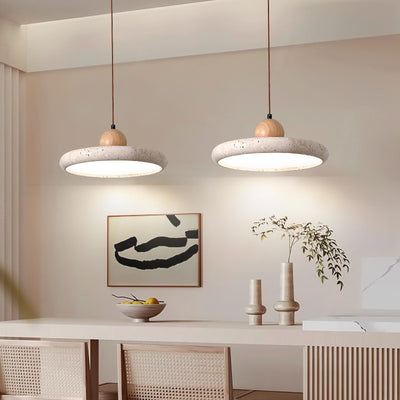 Traditional Japanese Dome Round Yellow Travertine Lampshade Wood LED Pendant Light For Dining Room