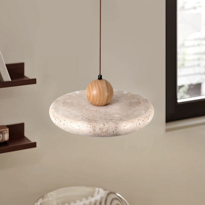 Traditional Japanese Dome Round Yellow Travertine Lampshade Wood LED Pendant Light For Dining Room