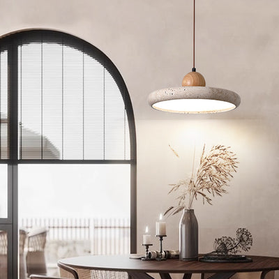 Traditional Japanese Dome Round Yellow Travertine Lampshade Wood LED Pendant Light For Dining Room