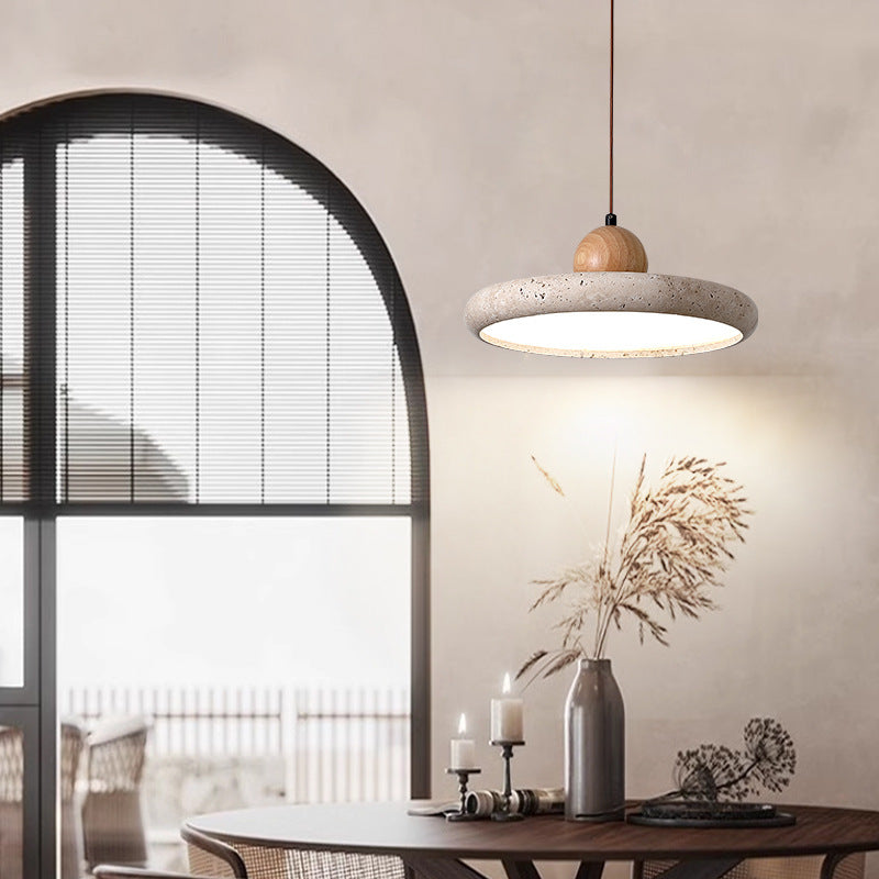 Traditional Japanese Dome Round Yellow Travertine Lampshade Wood LED Pendant Light For Dining Room