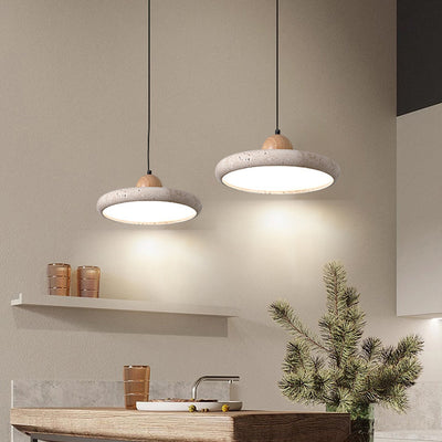 Traditional Japanese Dome Round Yellow Travertine Lampshade Wood LED Pendant Light For Dining Room
