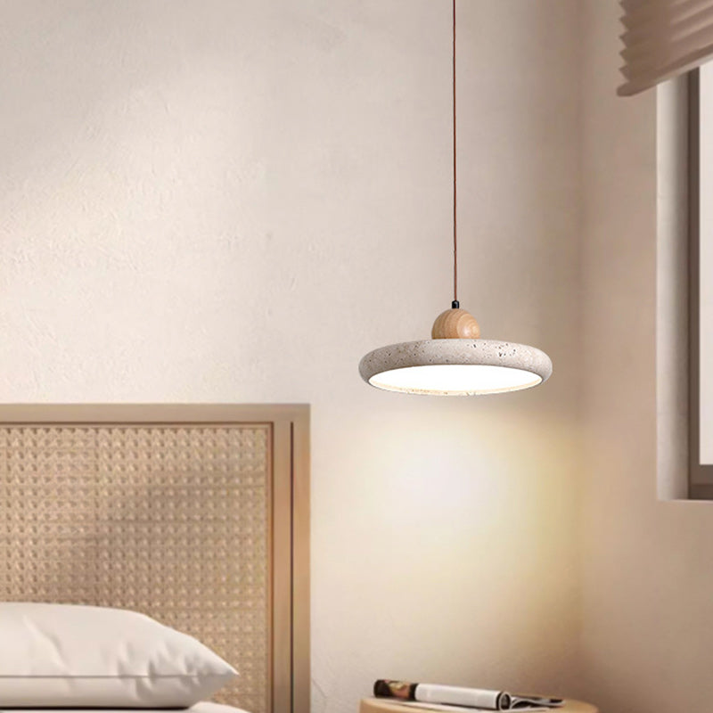 Traditional Japanese Dome Round Yellow Travertine Lampshade Wood LED Pendant Light For Dining Room