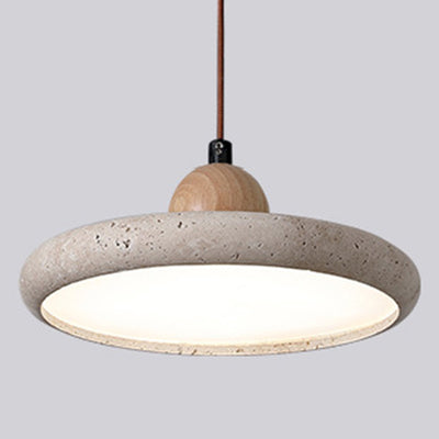 Traditional Japanese Dome Round Yellow Travertine Lampshade Wood LED Pendant Light For Dining Room