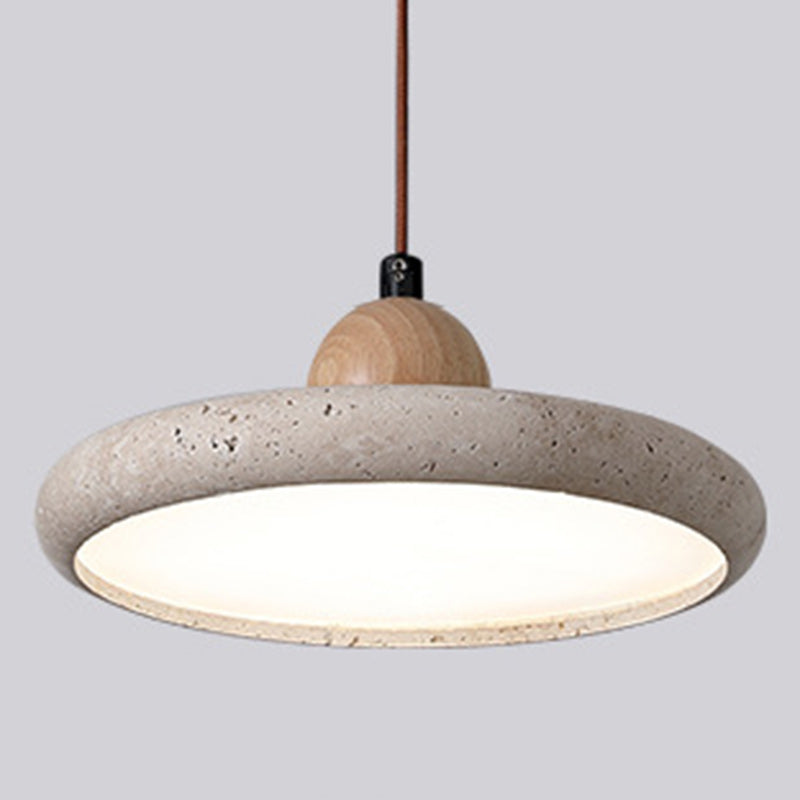 Traditional Japanese Dome Round Yellow Travertine Lampshade Wood LED Pendant Light For Dining Room