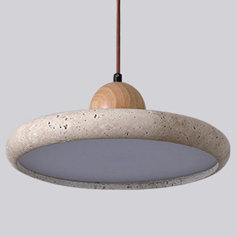 Traditional Japanese Dome Round Yellow Travertine Lampshade Wood LED Pendant Light For Dining Room