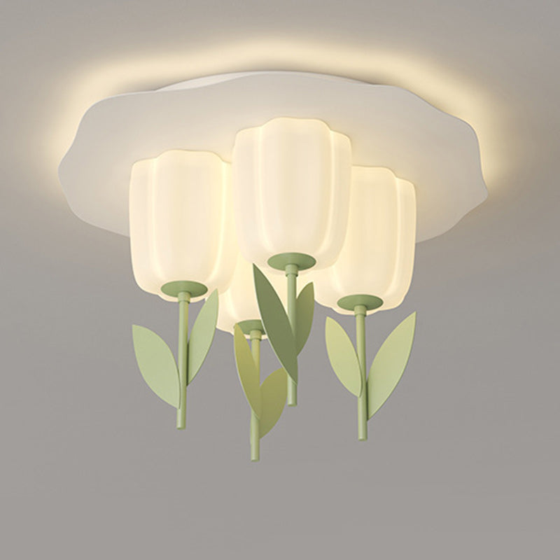 Contemporary Creative Cream Tulips Roto-molding Lampshade Iron LED Semi-Flush Mount Ceiling Light For Bedroom