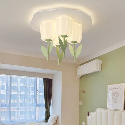 Contemporary Creative Cream Tulips Roto-molding Lampshade Iron LED Semi-Flush Mount Ceiling Light For Bedroom