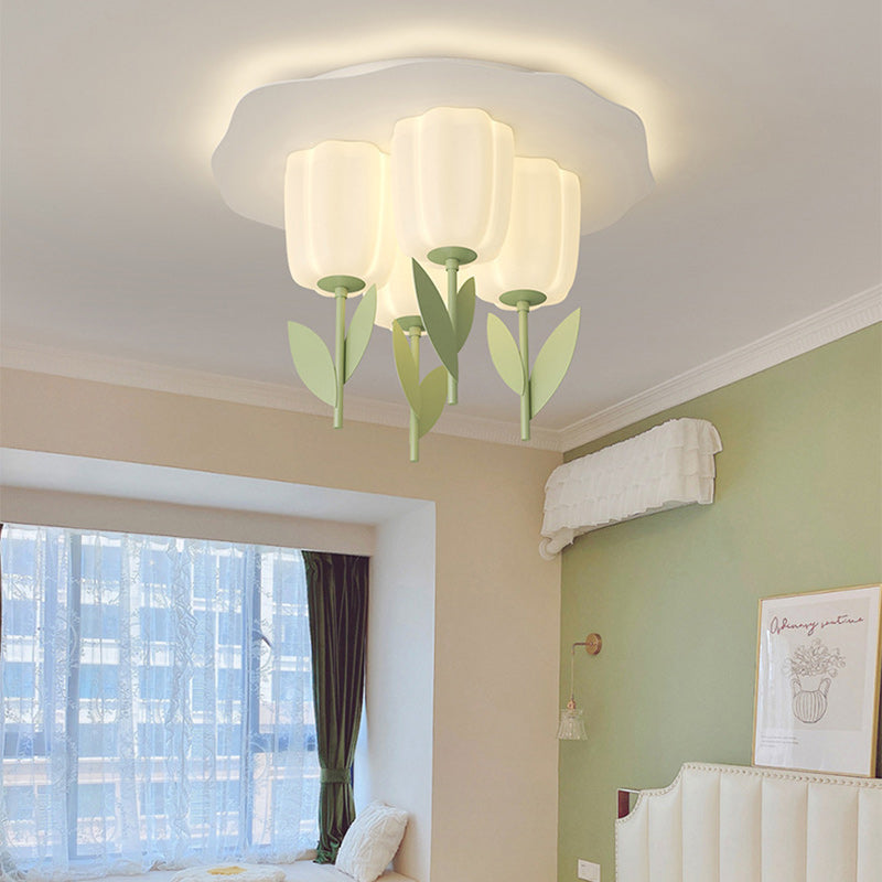 Contemporary Creative Cream Tulips Roto-molding Lampshade Iron LED Semi-Flush Mount Ceiling Light For Bedroom