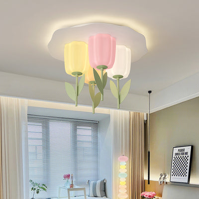 Contemporary Creative Cream Tulips Roto-molding Lampshade Iron LED Semi-Flush Mount Ceiling Light For Bedroom