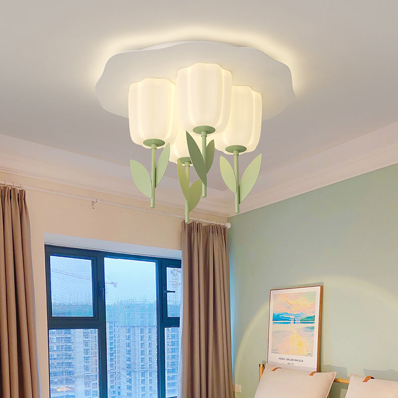 Contemporary Creative Cream Tulips Roto-molding Lampshade Iron LED Semi-Flush Mount Ceiling Light For Bedroom