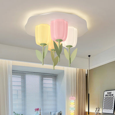 Contemporary Creative Cream Tulips Roto-molding Lampshade Iron LED Semi-Flush Mount Ceiling Light For Bedroom