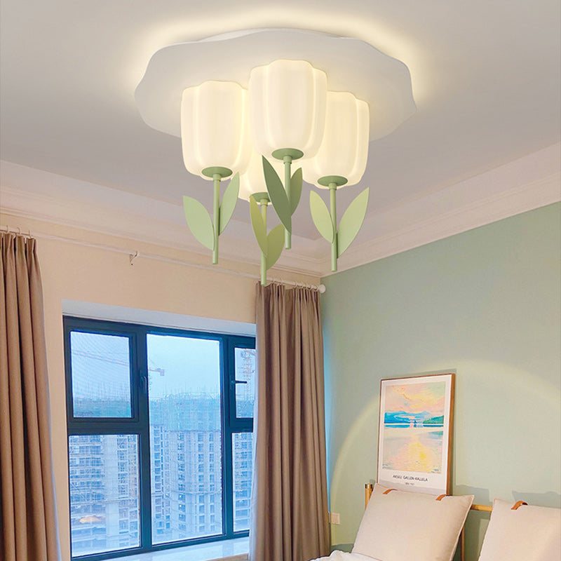 Contemporary Creative Cream Tulips Roto-molding Lampshade Iron LED Semi-Flush Mount Ceiling Light For Bedroom