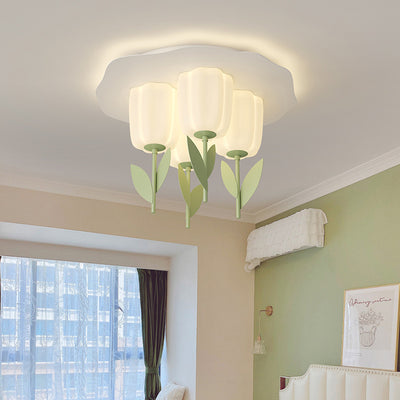 Contemporary Creative Cream Tulips Roto-molding Lampshade Iron LED Semi-Flush Mount Ceiling Light For Bedroom