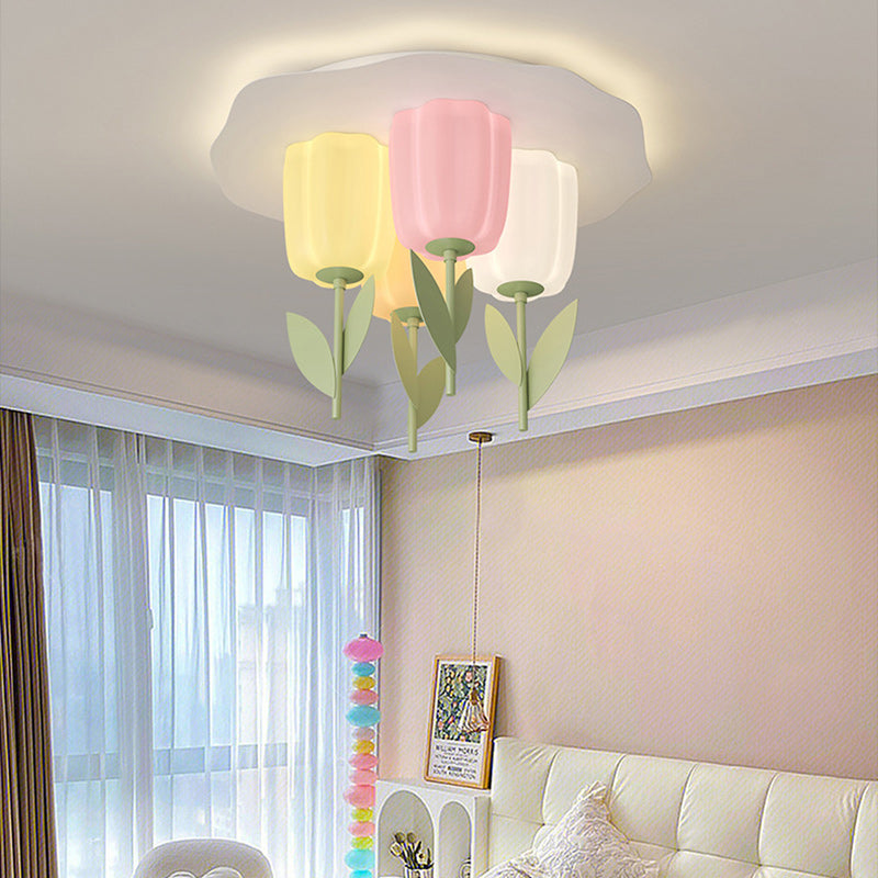 Contemporary Creative Cream Tulips Roto-molding Lampshade Iron LED Semi-Flush Mount Ceiling Light For Bedroom