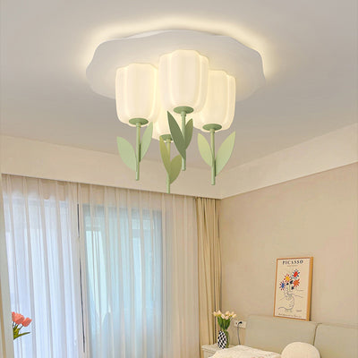 Contemporary Creative Cream Tulips Roto-molding Lampshade Iron LED Semi-Flush Mount Ceiling Light For Bedroom