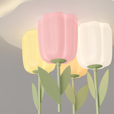 Contemporary Creative Cream Tulips Roto-molding Lampshade Iron LED Semi-Flush Mount Ceiling Light For Bedroom