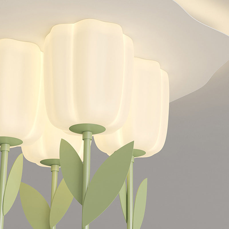 Contemporary Creative Cream Tulips Roto-molding Lampshade Iron LED Semi-Flush Mount Ceiling Light For Bedroom