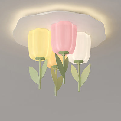Contemporary Creative Cream Tulips Roto-molding Lampshade Iron LED Semi-Flush Mount Ceiling Light For Bedroom
