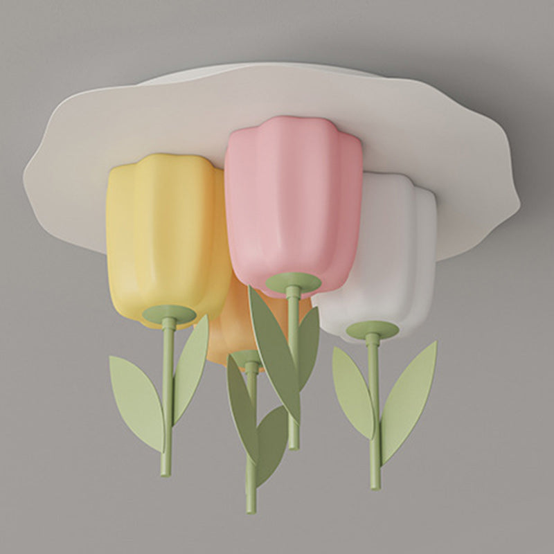 Contemporary Creative Cream Tulips Roto-molding Lampshade Iron LED Semi-Flush Mount Ceiling Light For Bedroom