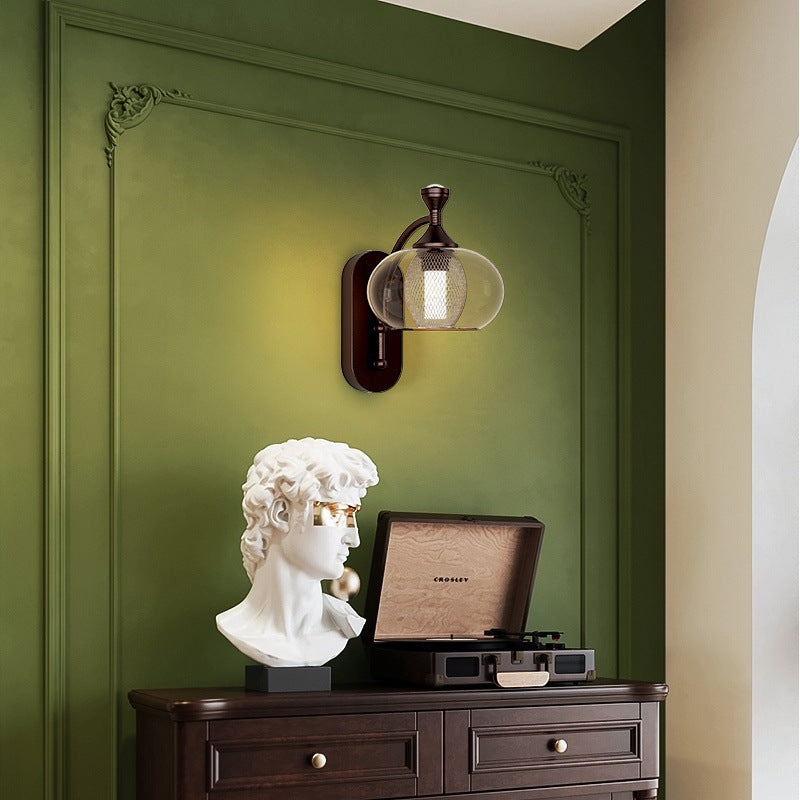 Contemporary Retro Glass Lampshade Aluminum Hardware LED Wall Sconce Lamp For Living Room