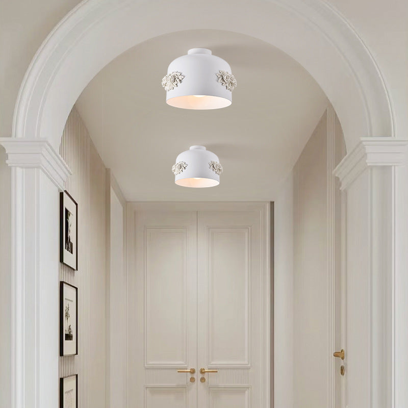 Traditional French Rose Pattern Resin Stainless Steel Lampshade 1 - Light Semi-Flush Mount Ceiling Light For Hallways